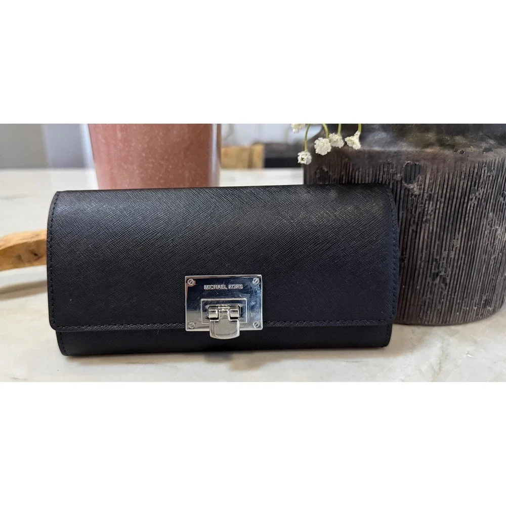Michael Kors Black Saffiano Leather Turnlock Flap Continental Wallet